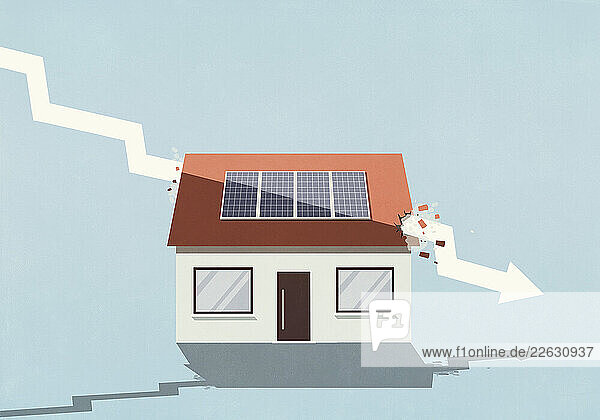 Descending arrow crashing through house with solar panel