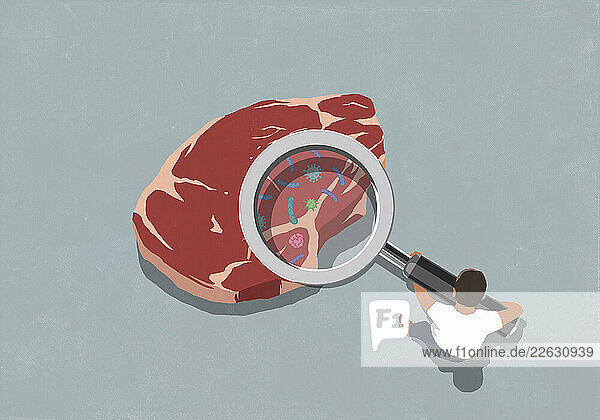 Man holding large magnifying glass over raw steak meat  exposing bacteria