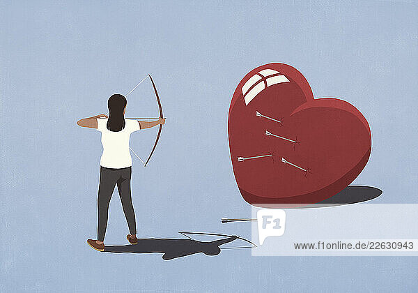 Woman shooting arrows at large heart on blue background