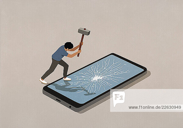 Man with sledgehammer smashing smart phone screen