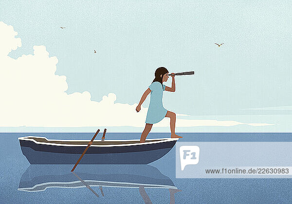 Adventurous girl using telescope on journey in rowboat on water