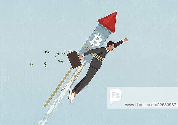 Ascending Bitcoin rocket strapped to back of excited businessman investor with money briefcase