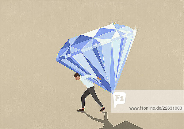 Man carrying large  heavy  shiny diamond on back