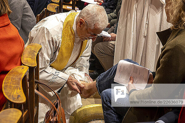 Maundy Thursday celebration and foot washing ceremony  Saint Philippe du Roule Catholic Church  Paris  France
