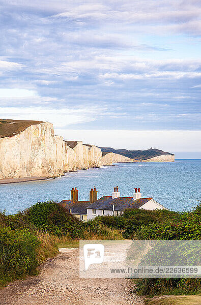 Coastguard cottages at Cuckmere Haven and Seven Sisters cliffs  South Downs National Park  Seaford  East Sussex  England  United Kingdom