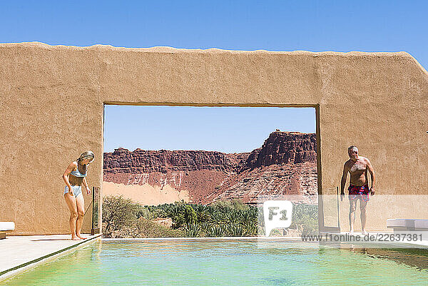 Swimming pool of Dar Tantora The House Hotel  a renovated original mudbrick village in the oasis of AlUla  Medina Province  Saudi Arabia
