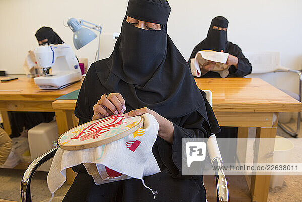 Sewing and embroidery workshop  Madrasat Addeera  an artistic space where women learn crafts to be sold in AlUla  Medina Province  Saudi Arabia