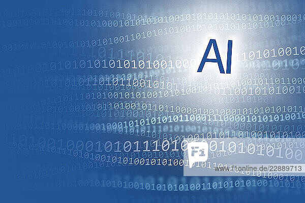 AI symbol floating on a blue background with binary numbers