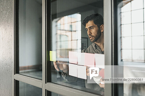 Businessman sticking adhesive notes on glass during brainstorming session