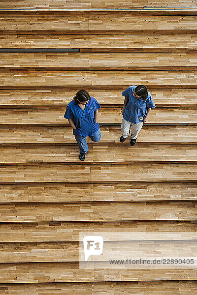 Directly above shot of female doctors talking with each other while moving down steps