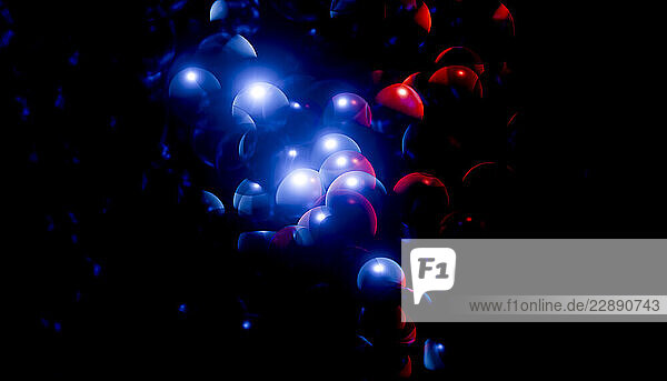 Abstract cluster of glowing red and blue spheres against a dark background. Blender illustration
