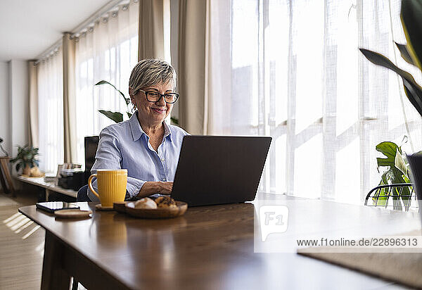 Happy woman using laptop at home in the morning