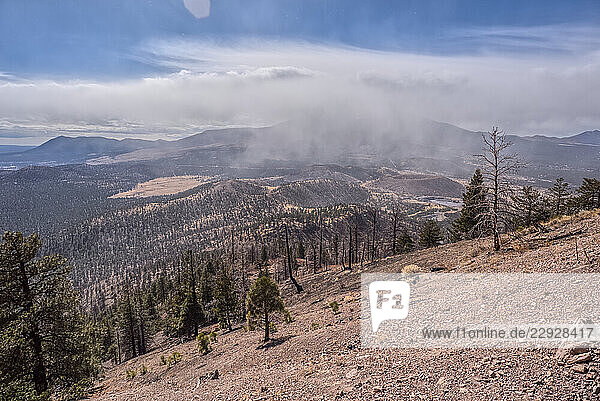 A snow squall storm building up over Humphrey s Peak. Viewed from O Leary Peak in the Coconino National Forest of Arizona. Adjacent to Sunset Crater National Monument.