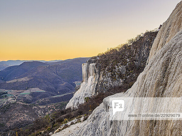 Petrified Waterfall at dusk  elevated view  Hierve el Agua  San Lorenzo Albarradas  Oaxaca State  Mexico