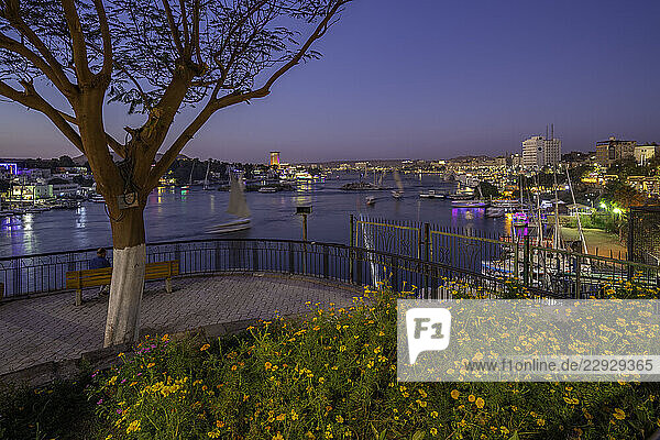 View of fellucas on the Nile river from Feryal Garden at dusk  Aswan  Nubia  Egypt  North Africa  Africa