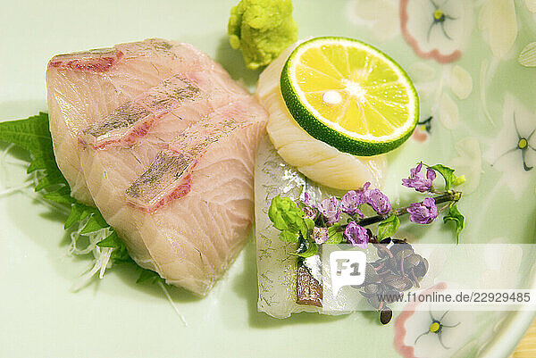 Raw fish dish with lemon  Mikawaya Ryokan  Hakone  Japan.