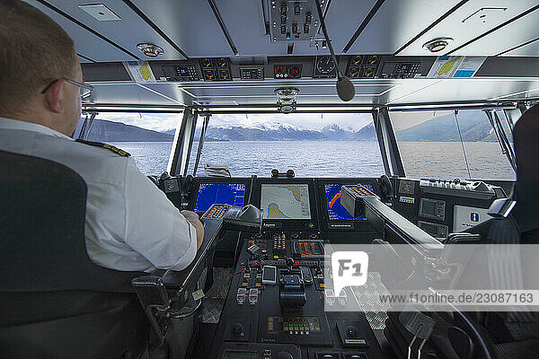 Inside the captains room on a ferry boat in the Norwegian fjords