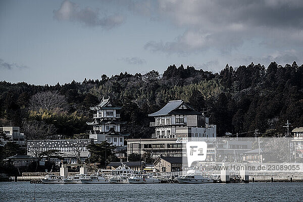Japanese buildings and a pagoda in Matsushima Japan.