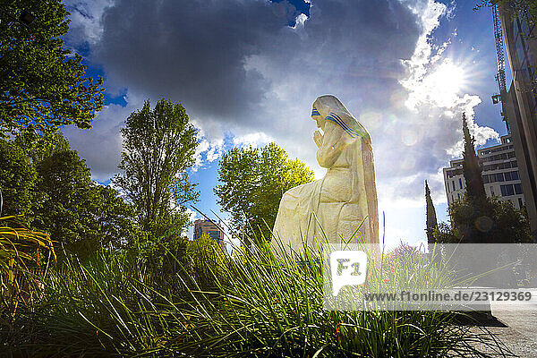 Tirana  Albania. Statue of Mother Teresa in front of Saint Paul s Cathedral