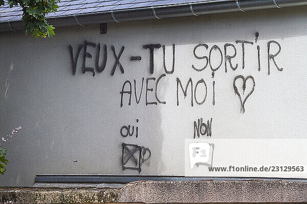 Graffiti on a wall that reads: Will you come out with me for a box for a heist for us?
