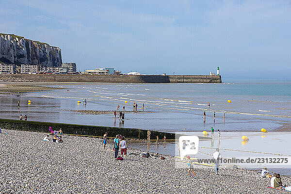 France  Normandy  Hauts de France  Somme  the beach at Mers les bains. In the background  Le Tr?port and its chalk cliffs.