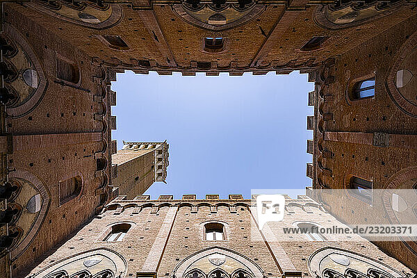 Blick von oben auf den Torre del Mangia vom Inneren des Palazzo Pubblico  Siena  Toskana  Italien  Europa