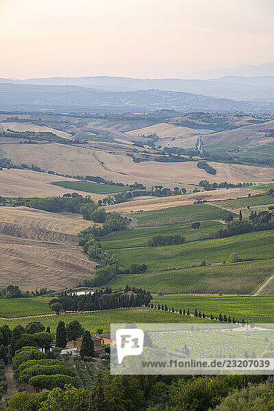 Blick von Montepulciano in eine typische toskanische Landschaft im Val d Orcia mit Hügeln  Bäumen  Feldern  Zypressen und Bauernhäusern im Sommer  Montepulciano  Toskana  Italien  Europa